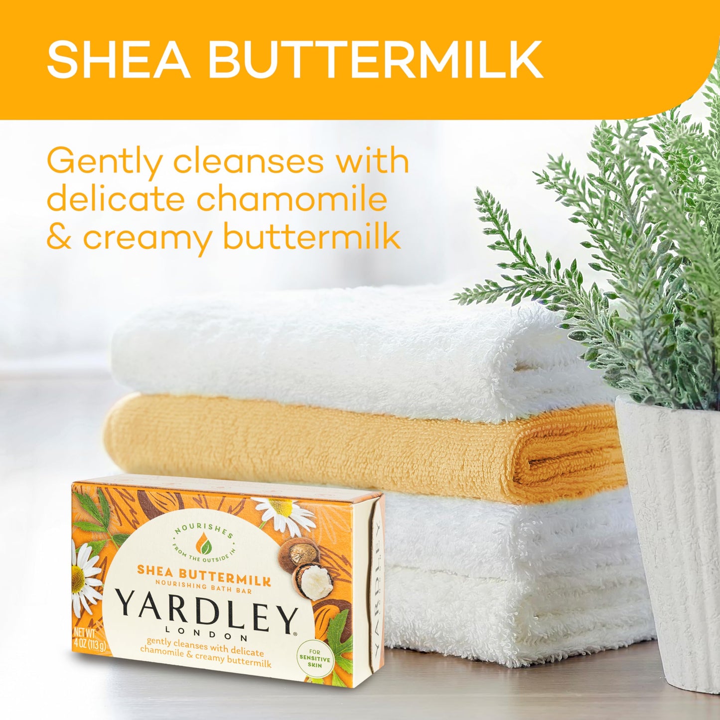 Yardley London Nourishing Bath Soap Bar Shea Buttermilk for Sensitive Skin, Gently Cleanses with Delicate Chamomile & Creamy Buttermilk, 4.0 oz Bath