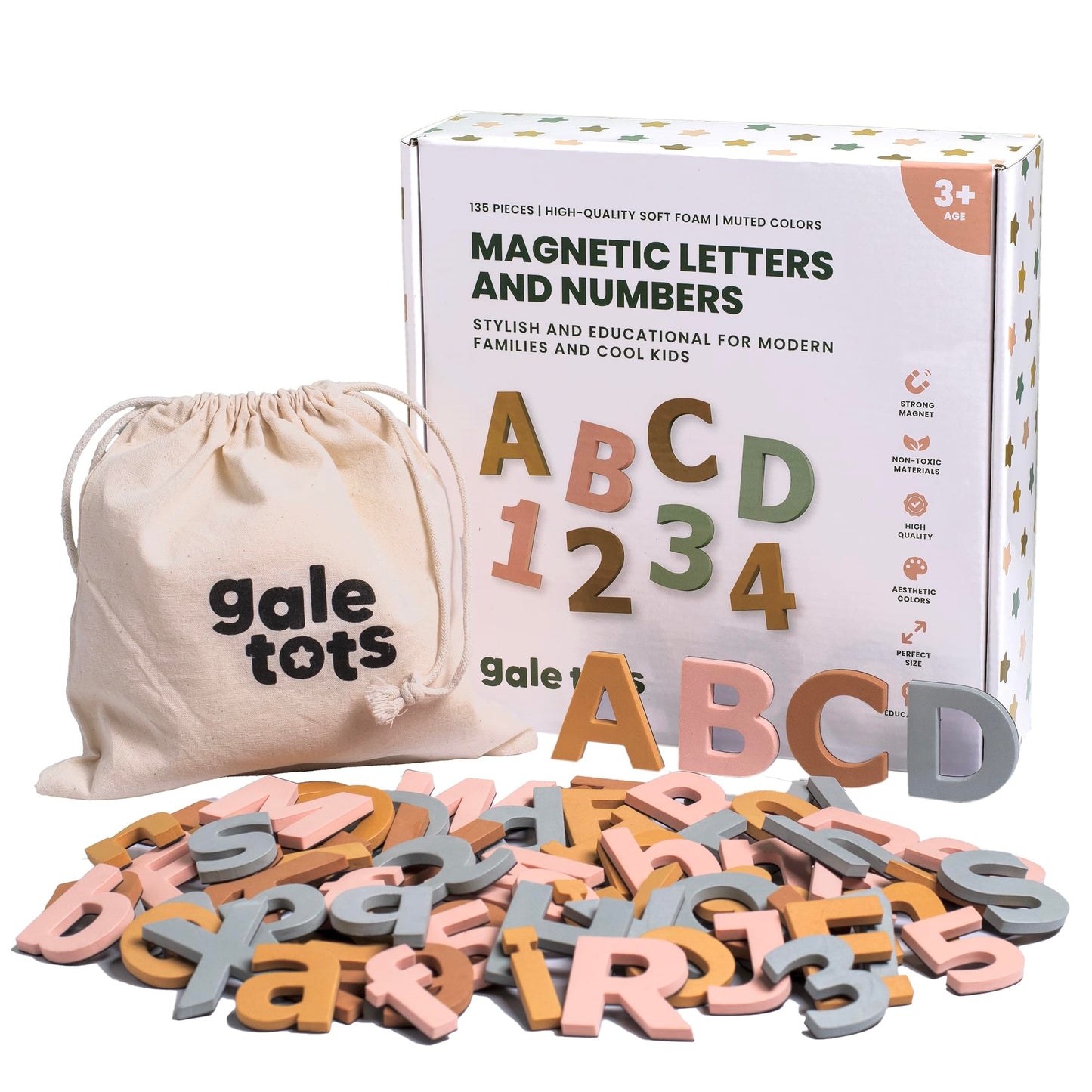 Gale Tots Magnetic Letters and Numbers - 135 PCS Alphabet Magnets in Soft Foam - Neutral Aesthetic Colors ABC Fridge Magnets for Kids