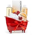 Red Pomegranate Home Spa Bath Basket - Bath & Body Set For Women - Contains Shower Gel, Bubble Bath, Body Lotion, Pomegranate Bath Salt & Pouf in Red
