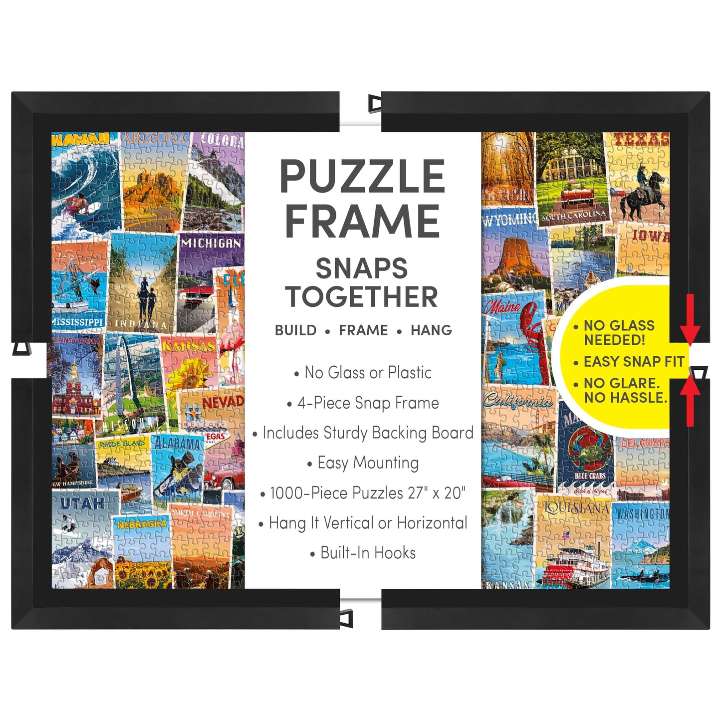 Funwares 20x27 Puzzle Frame – Matte Black Finish, Easy Assembly, Lightweight, Fits Most 1000 Piece Jigsaws, Built-In Hanging Hooks