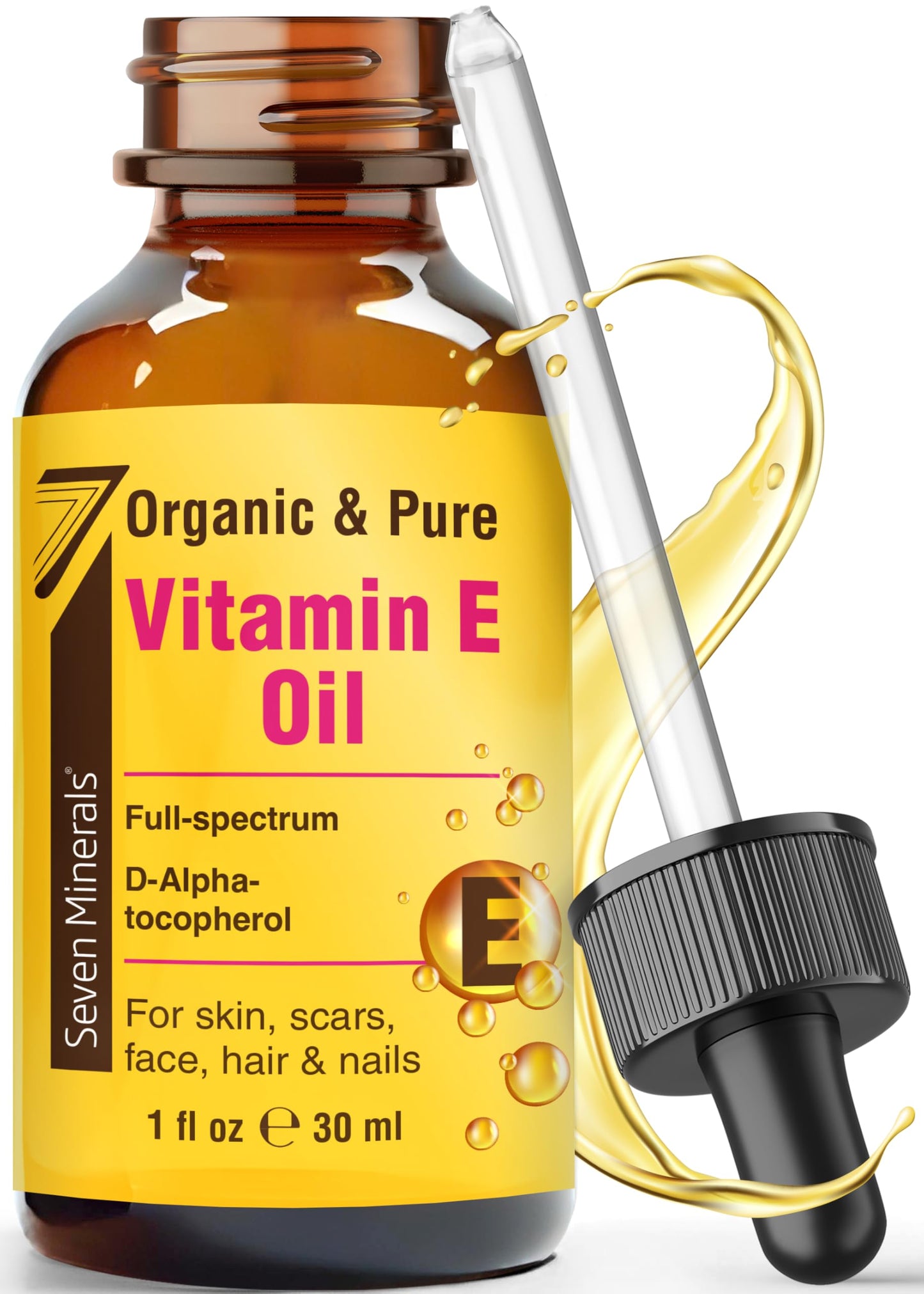 Seven Minerals Ultra Pure Vitamin E Oil - Full-Spectrum D-Alpha Tocopherol, 1 Fl Oz - 100% Organic Vitamin E Oil for Skin, Face, Hair, and Scars Beauty and Personal Care Seven Minerals Default Title