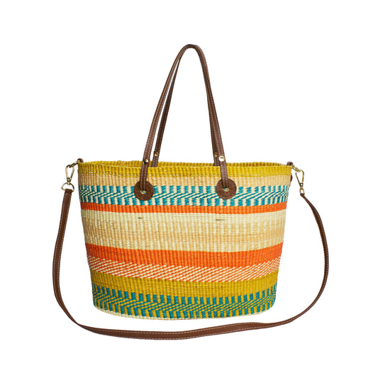 Sensi Studio, Market Basket, Unique, Multicolor Orange Straw/Camel Leather Handle & Strap