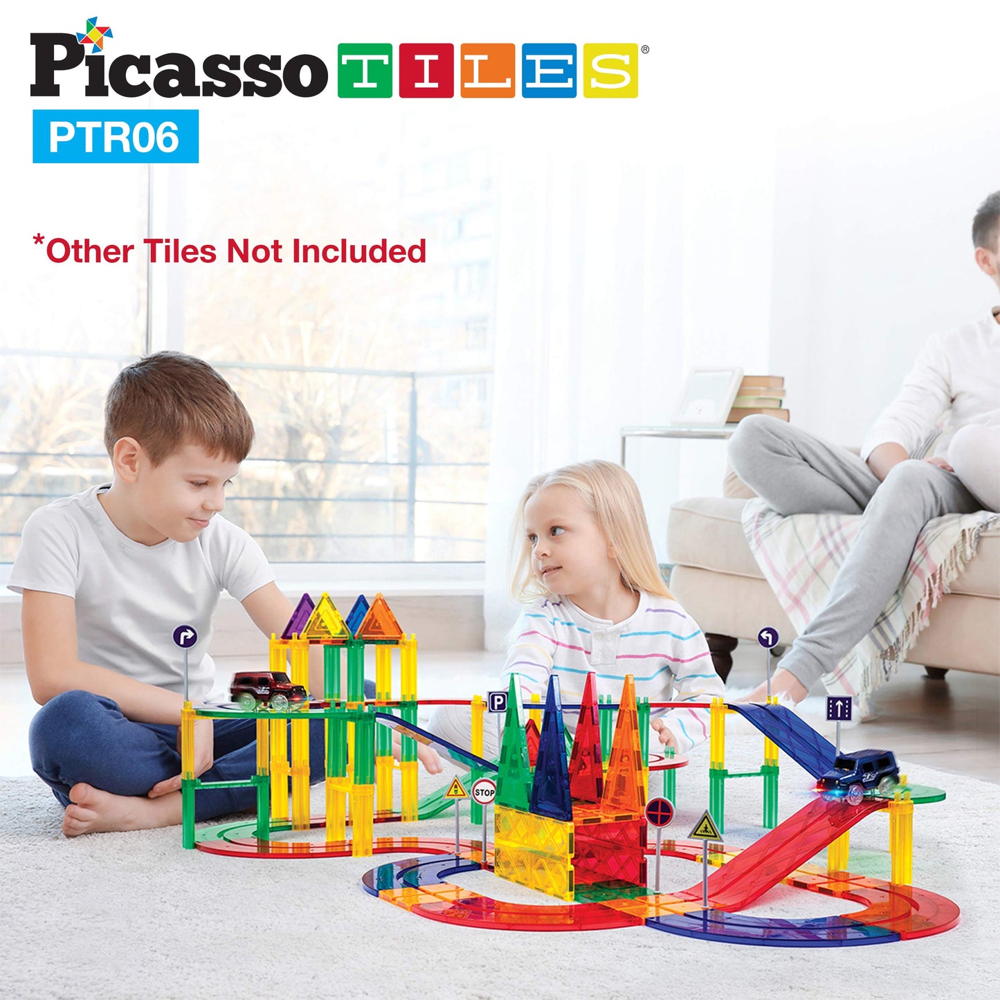 PicassoTiles 6pc Magnetic Race Track Ramp Set – STEM Magnet Tile Accessories for Kids Construction Playset, Educational Toy PTR06