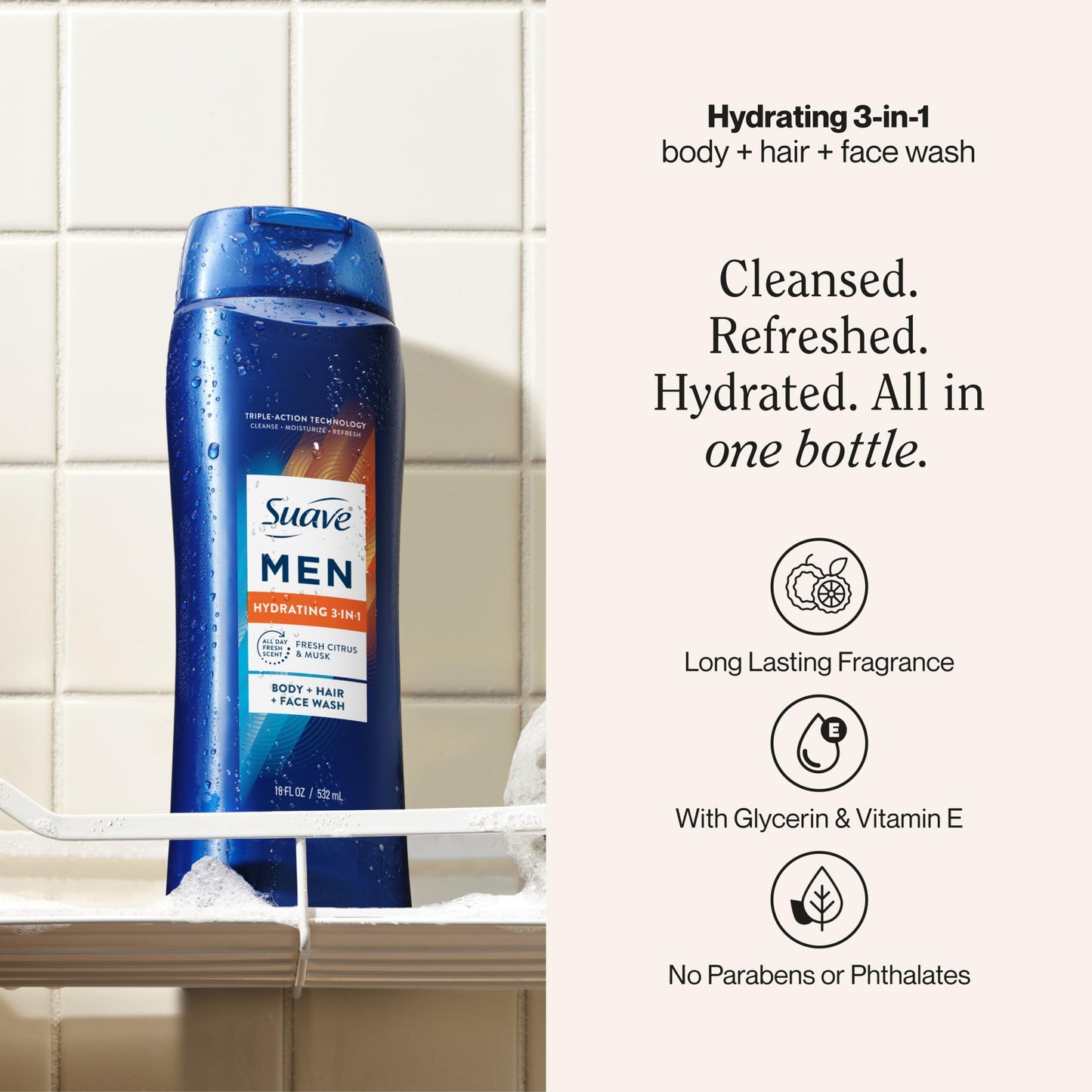 Suave Men Hydrating 3-in-1 Body + Hair + Face Wash with Glycerin & Vitamin E, Cleanse, Moisturize, Refresh, No Parabens or Pthalatates, Long-Lasting Beauty and Personal Care Suave