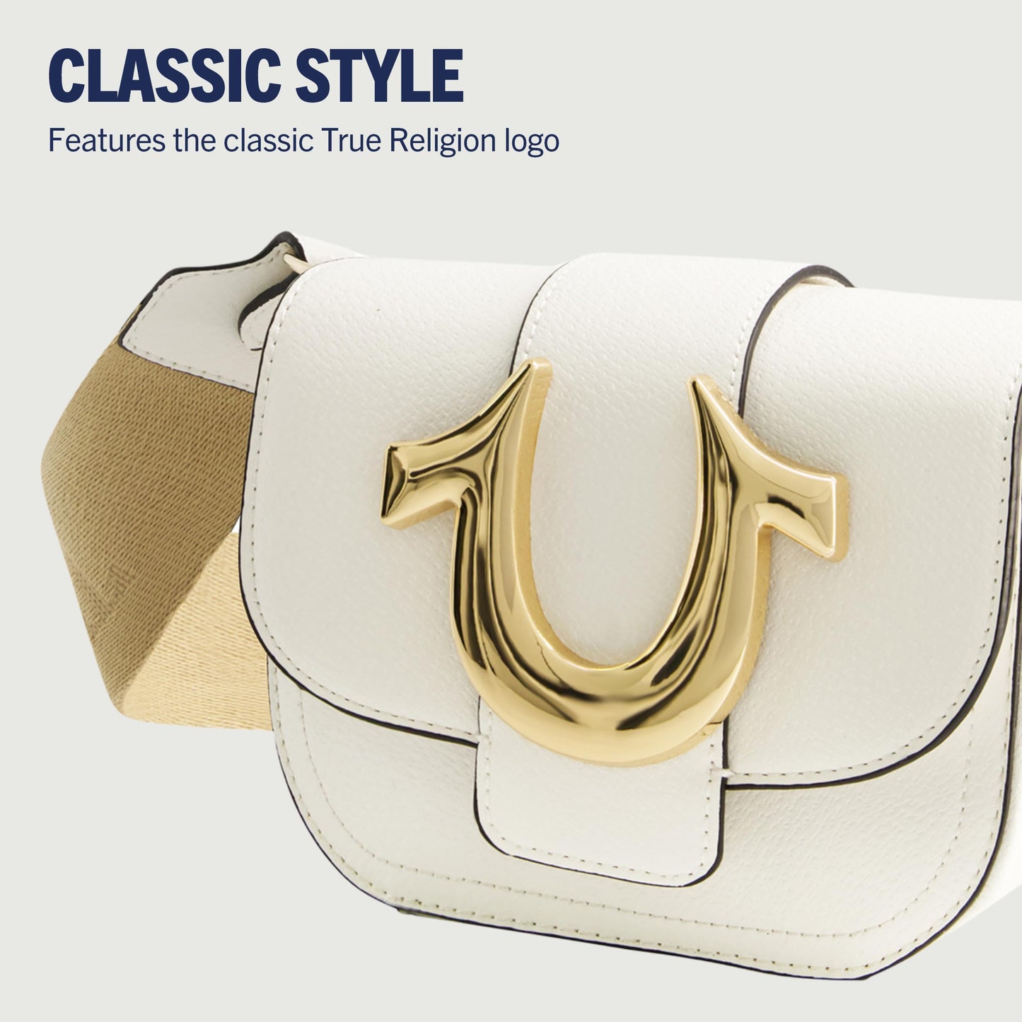 True Religion Women's Crossbody Bag, Mini Flap Adjustable Shoulder Purse Handbag with Horseshoe Logo, White