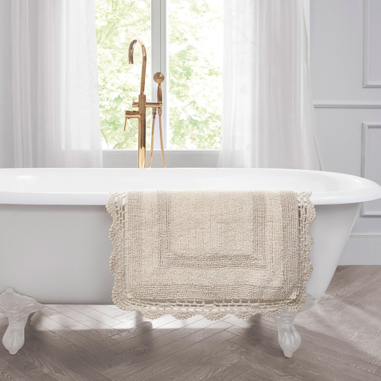 Laura Ashley Absorbent Bath Mat Reversible Crochet Soft and Plush Bathroom Mat 100% Cotton21x34 Bath Rug, Linen