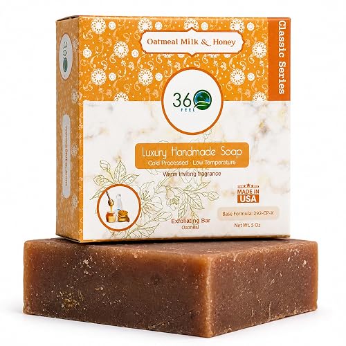 360Feel Oatmeal Milk and Honey Bar Soap - Made in The USA - Castile Handmade, All Natural Cold Processed - Infused with Oatmeal Milk and Honey