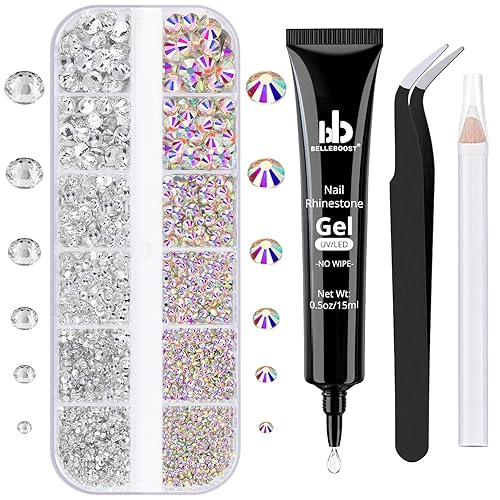 Nail Art Rhinestone Glue Gel&Flatback Gems Accessories Kit, 1 Tube of 15ml Rhinestone Gel Glue(UV/LED Needed)+1 Box of Flat-Back Round Glass Crystal