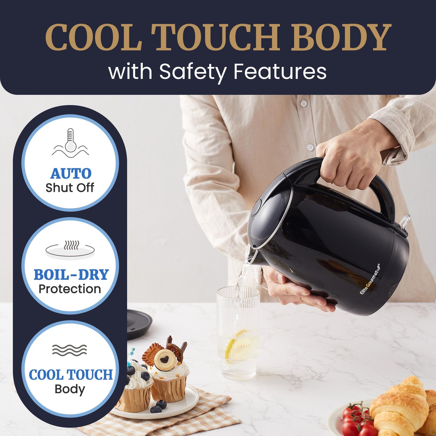 Elite Gourmet EKT1821 1.8L Double Wall Insulated, Cool-Touch 1500W Kettle w/Stainless Steel Interior & Lid, 360° Swivel Base for Cord Free Serving…