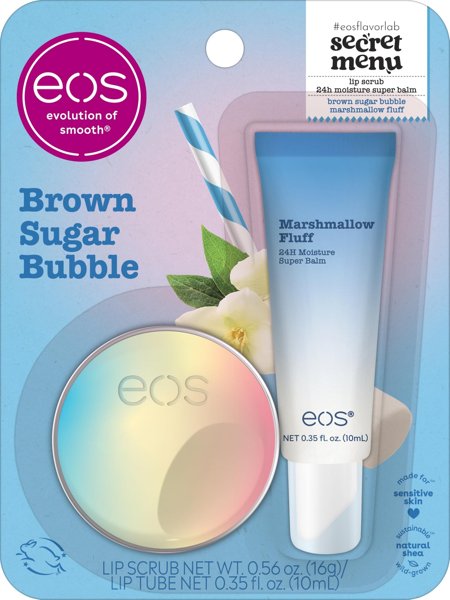 eos Flavor Lab Secret Menu Gift Set - Brown Sugar Boba Lip Scrub Exfoliator & 24H Moisture Super Balm, Limited-Edition Lip Treatment, Nourishing