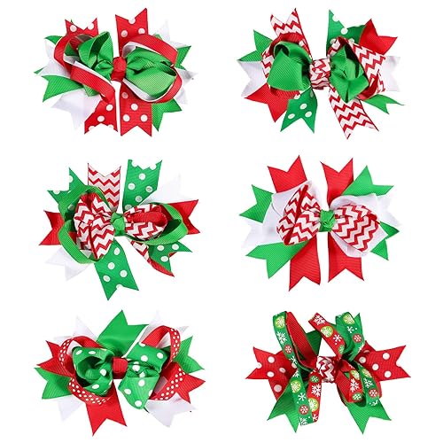 Lurrose 6pcs Christmas Hair Bows,Grosgrain Bows Alligator Hair Clips Bowknot Barrettes Hair Accessories for Girls Children (Mixed Pattern)