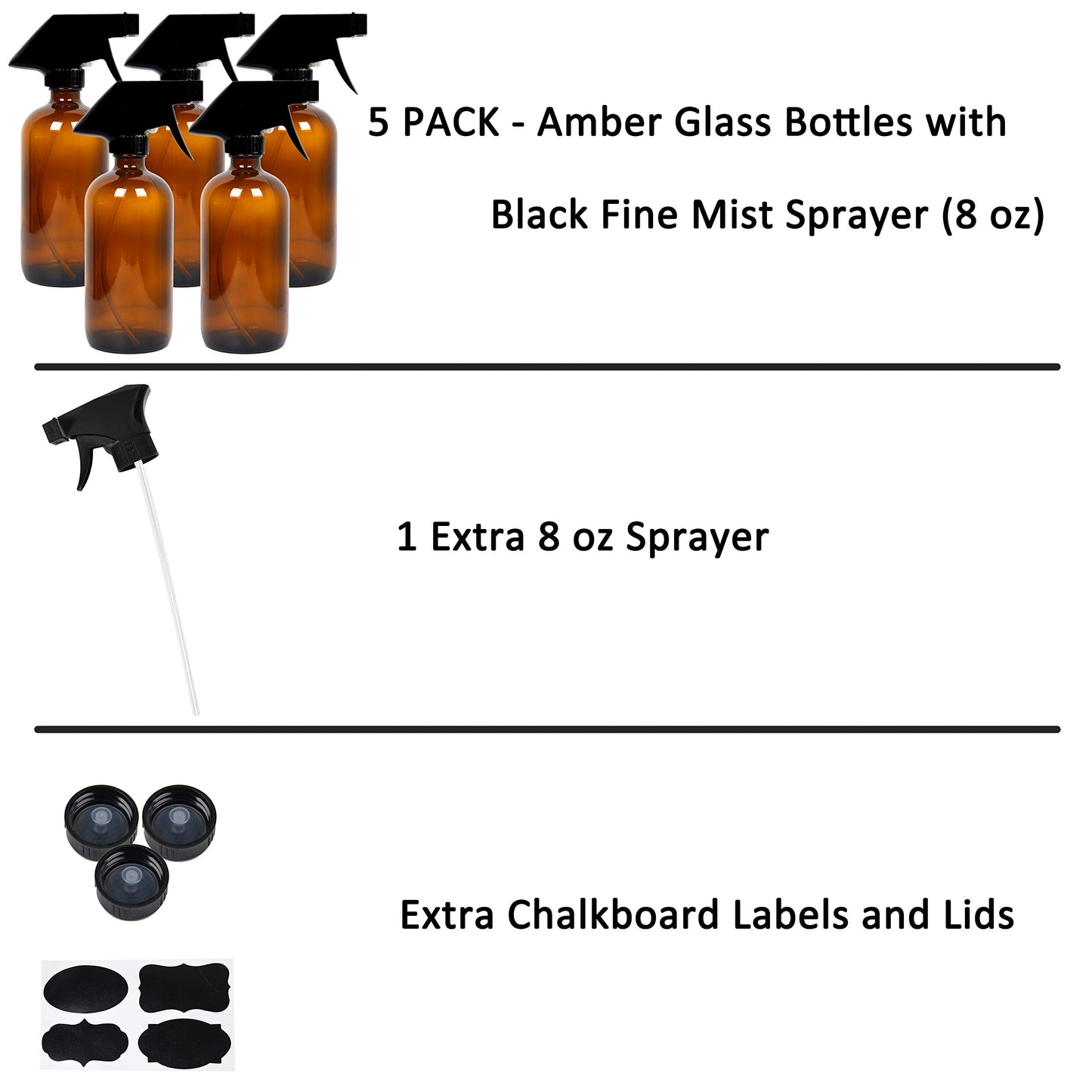 Youngever 5 Pack Empty Amber Glass Spray Bottles, 8 Ounce Refillable Container for Essential Oils, Cleaning Products, or Aromatherapy, Trigger Sprayer