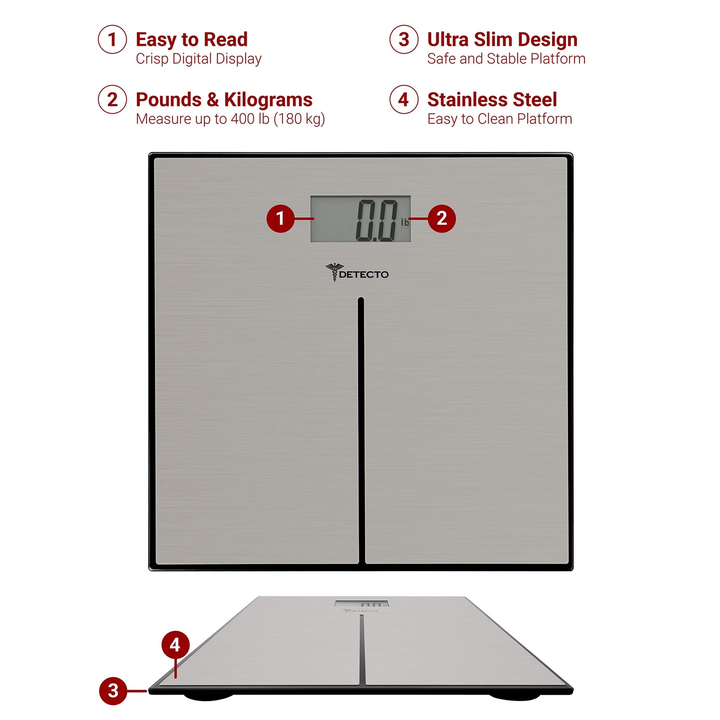 Detecto D133 Deluxe Modern Stainless Steel Body Weight Bathroom Scale, Digital LCD Display, 400lb Capacity