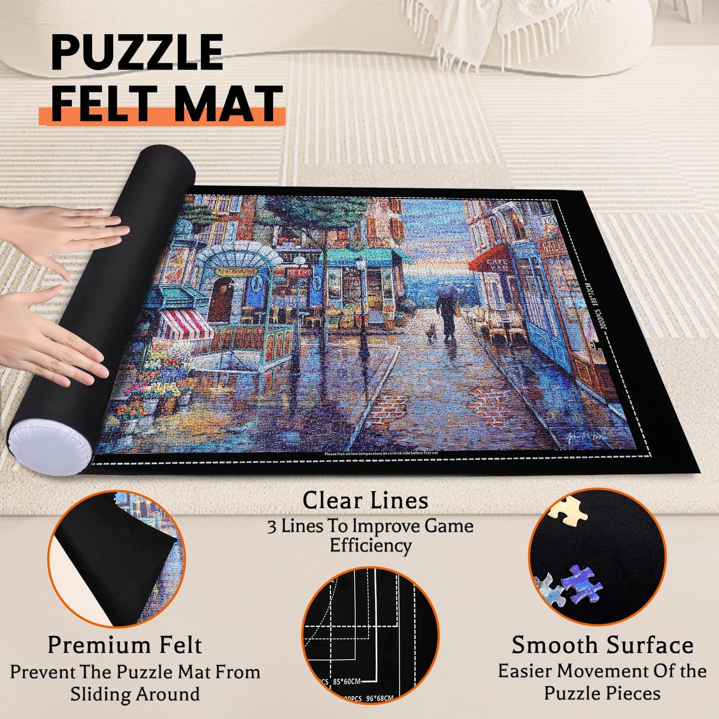 Jigsaw Puzzle Mat Roll Up – Felt Puzzle Saver for 500/1000/1500/2000 Pieces, Black Roll-Up Board with Sorting Trays, Clear Sheets & Frame