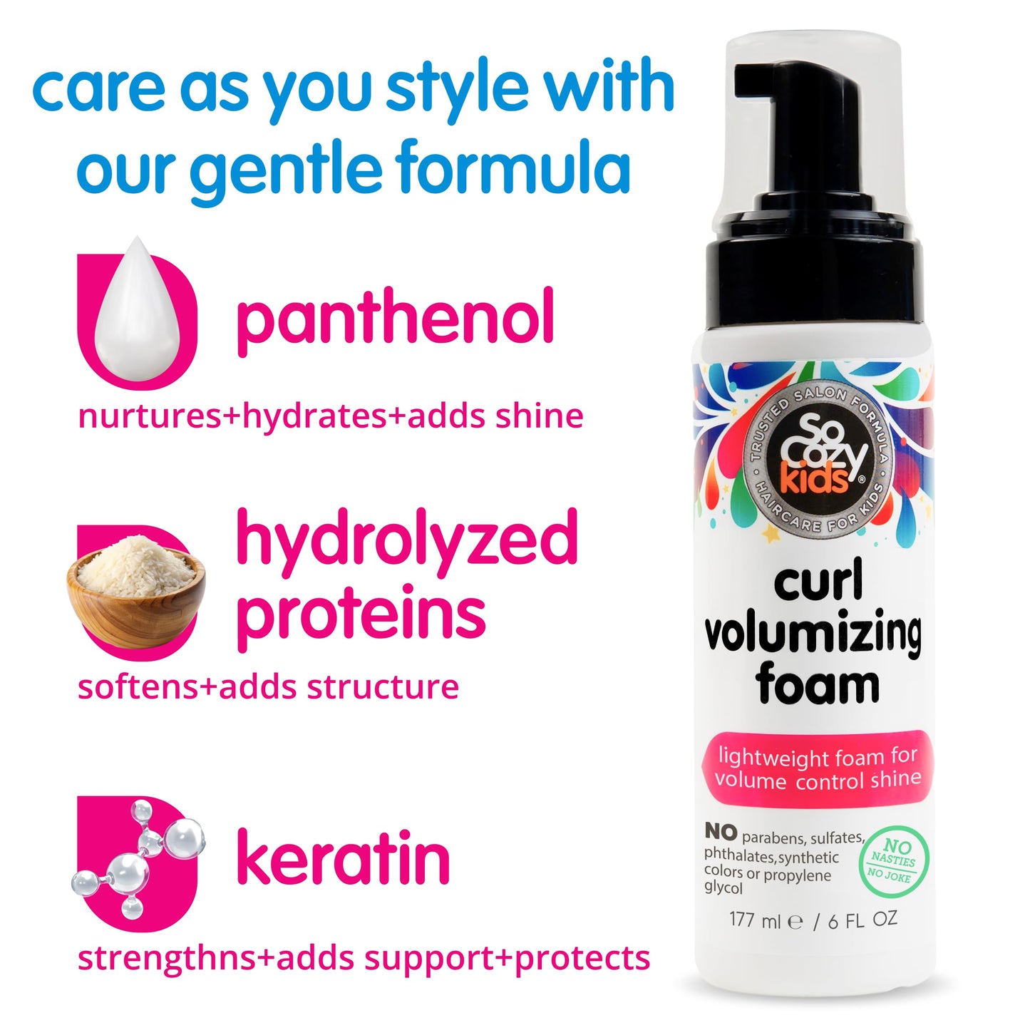 SoCozy Hair Mousse for Kids, Curl Volumizing Foam Mousse for Curly Hair (6 Fl Oz) Enhances Shine & Volume, Gentle Formula with Panthenol, Hydrolyzed