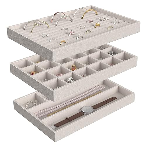 ClosetMaid Jewelry Trays, Set of 3, Stackable, Soft Velvet, Accessory Organizer for Earrings, Necklaces, Watches, Bracelets, Rings, Light Grey