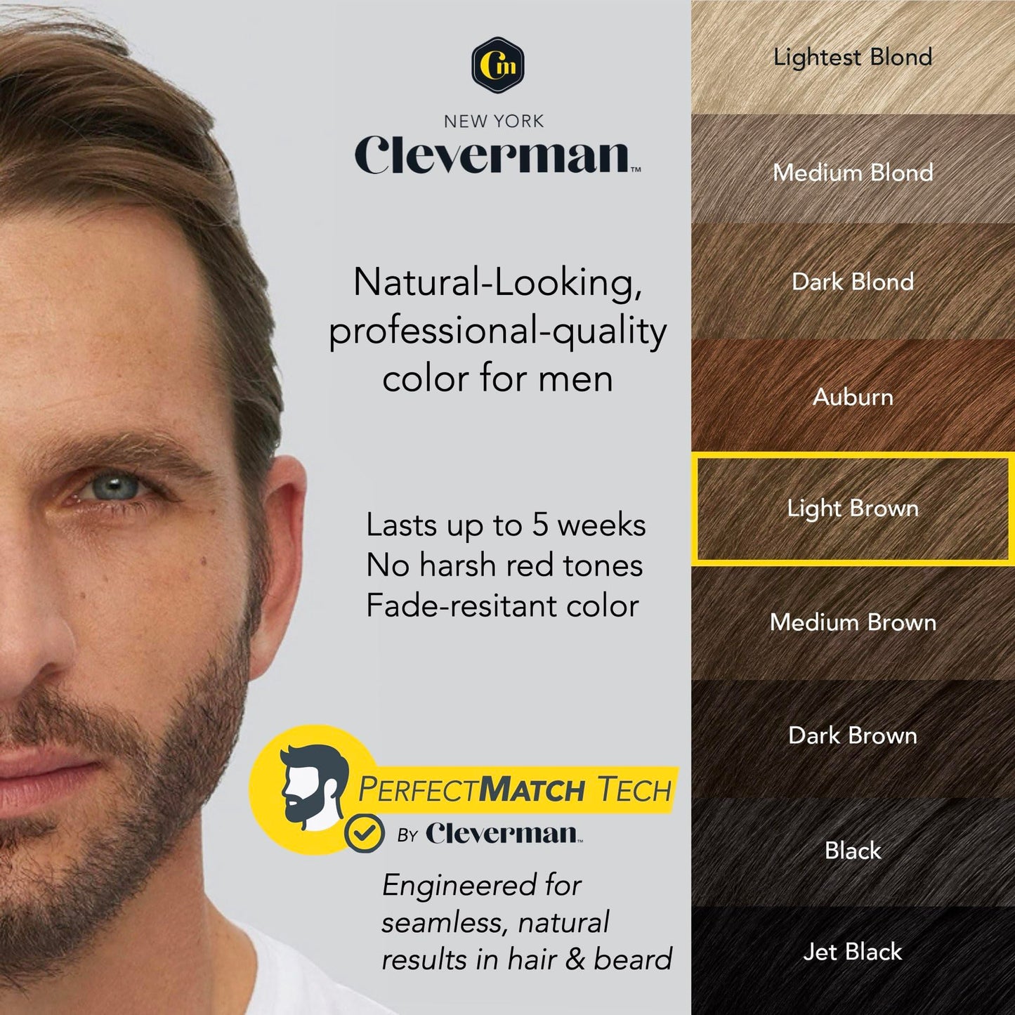 Reusable Hair & Beard Dye for Men - Light Brown 6.12 | Up to 5 Uses, 7 Minutes | Natural Gray Coverage, No-Drip Cream with SkinArmour® - Cleverman