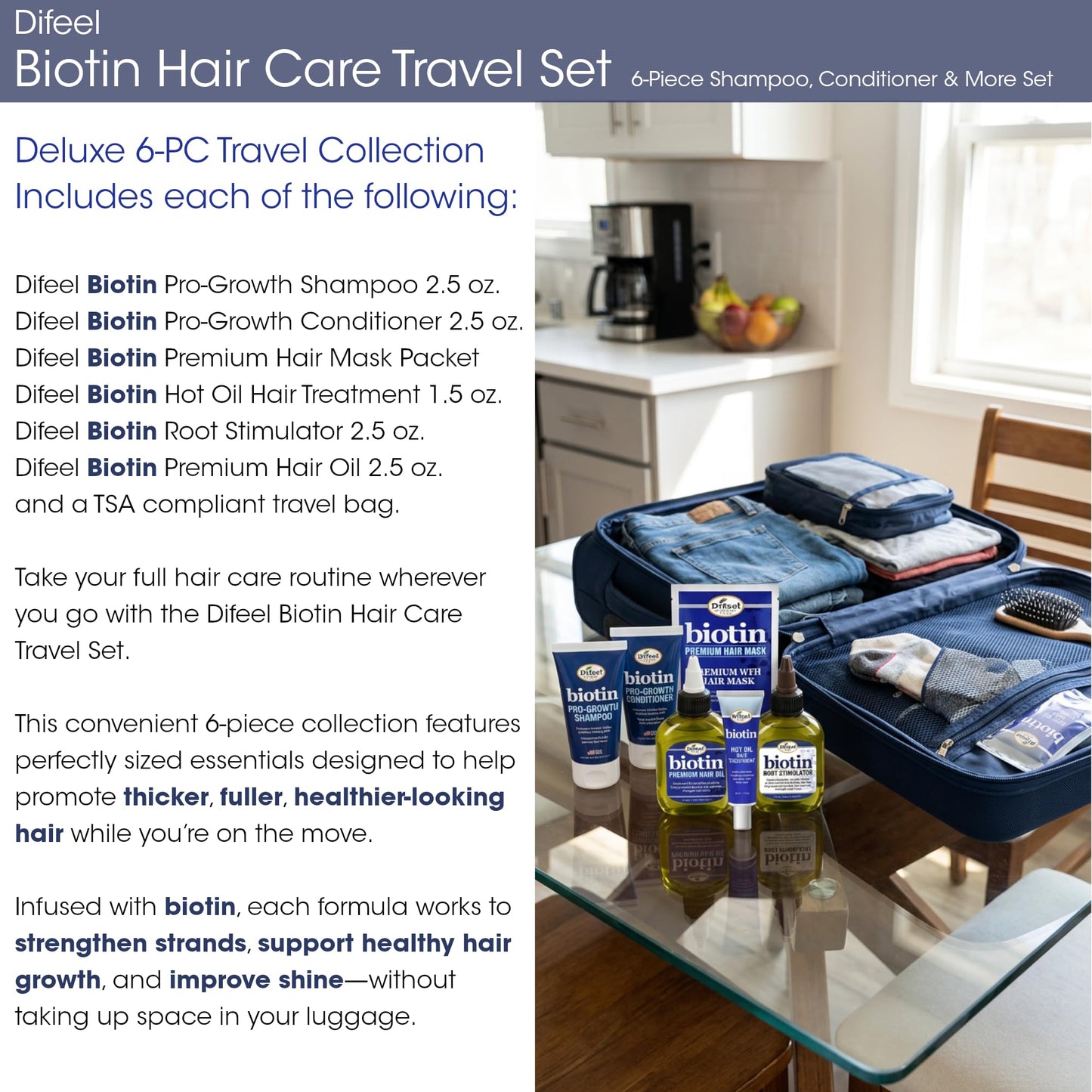 Difeel Biotin Hair Care Travel Set - 6-Piece Shampoo, Conditioner & More Collection - Travel Shampoo & Conditioner Set with Hair Oil, Hair Mask, Hot