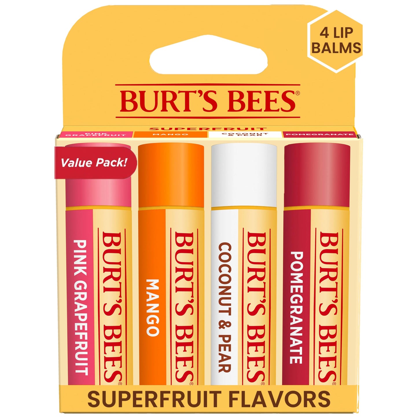 Burt's Bees Lip Balm - Pink Grapefruit, Mango, Coconut & Pear, and Pomegranate Pack, Lip Moisturizer With Beeswax, Tint-Free, Natural Origin