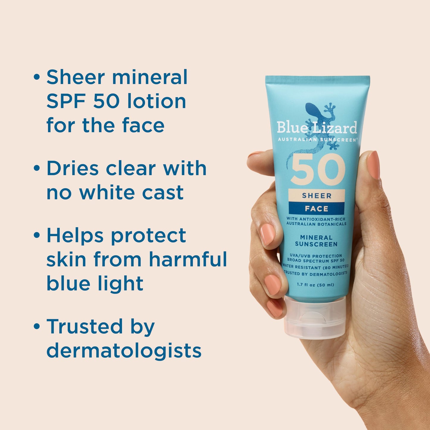Blue Lizard Sheer Face Mineral SPF 50 Sunscreen Lotion, 100% Mineral Formula, Blue Light Protection, Lightweight, No White Cast, Nourishes