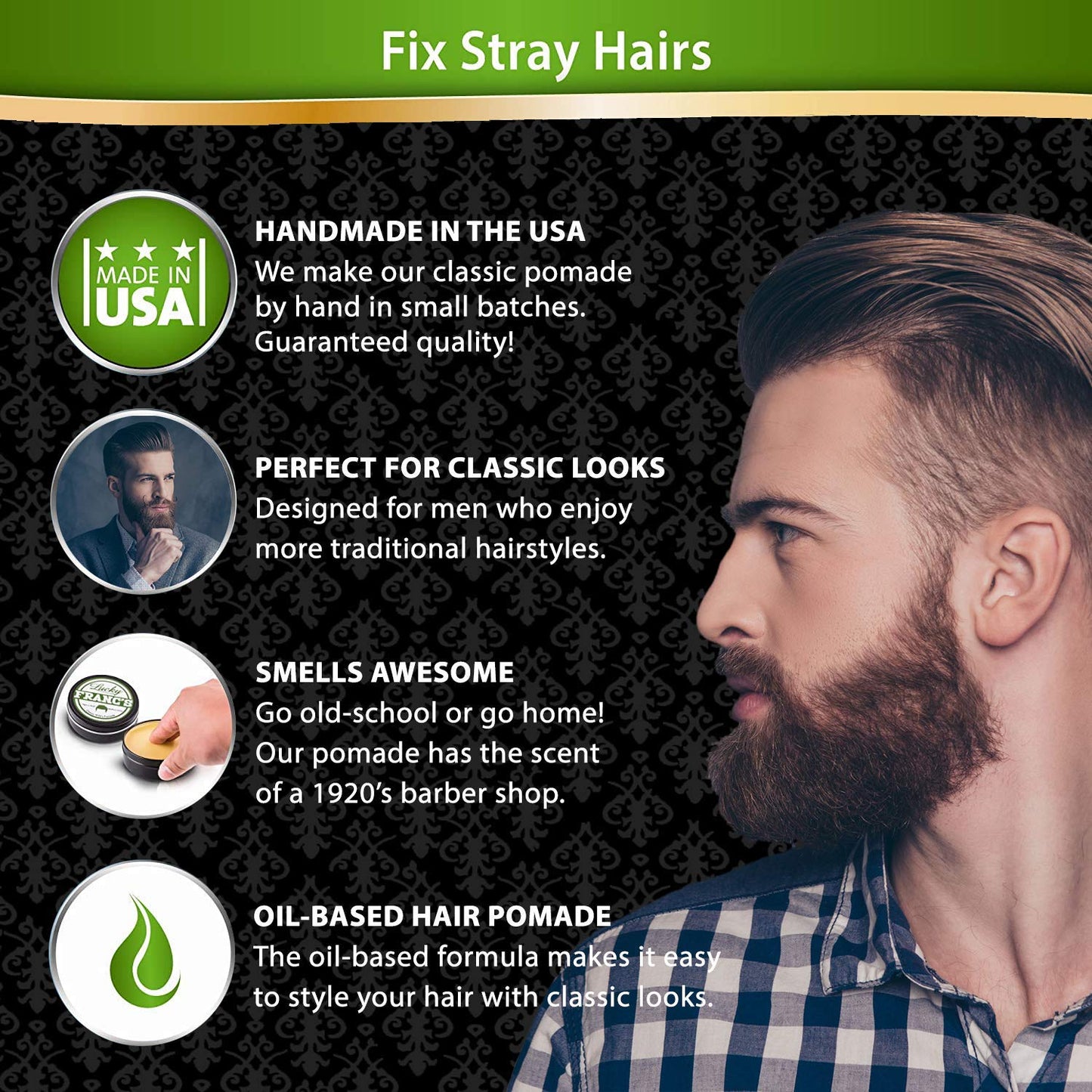 Lucky Franc's Oil Based Hair Pomade. 1920's style. Medium Hold and Shine. Pompadour Undercut Contour Rockabilly Comb Over Quiff Greaser Slick Back