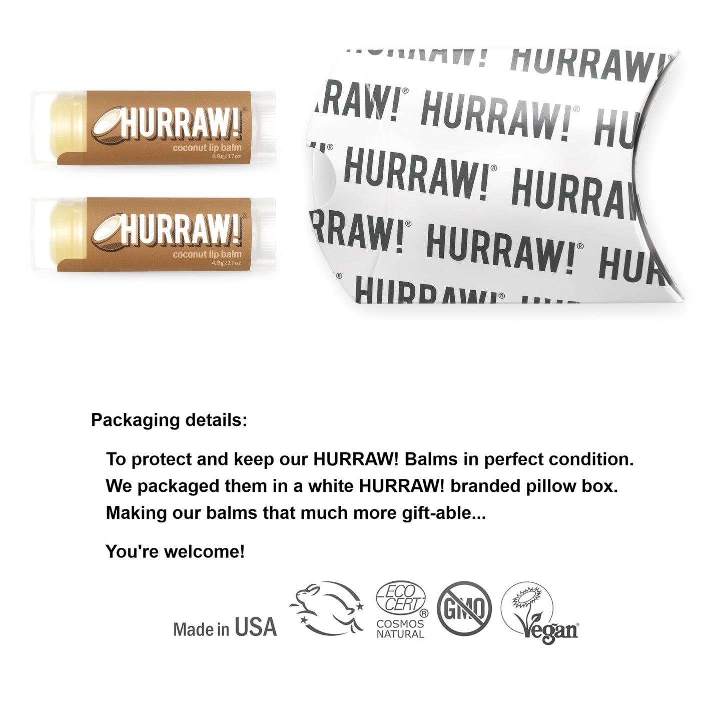Hurraw! Coconut Lip Balm, 2 Pack: Organic, Certified Vegan, Cruelty and Gluten Free. Non-GMO, 100% Natural Ingredients. Bee, Shea, Soy and Palm Free.
