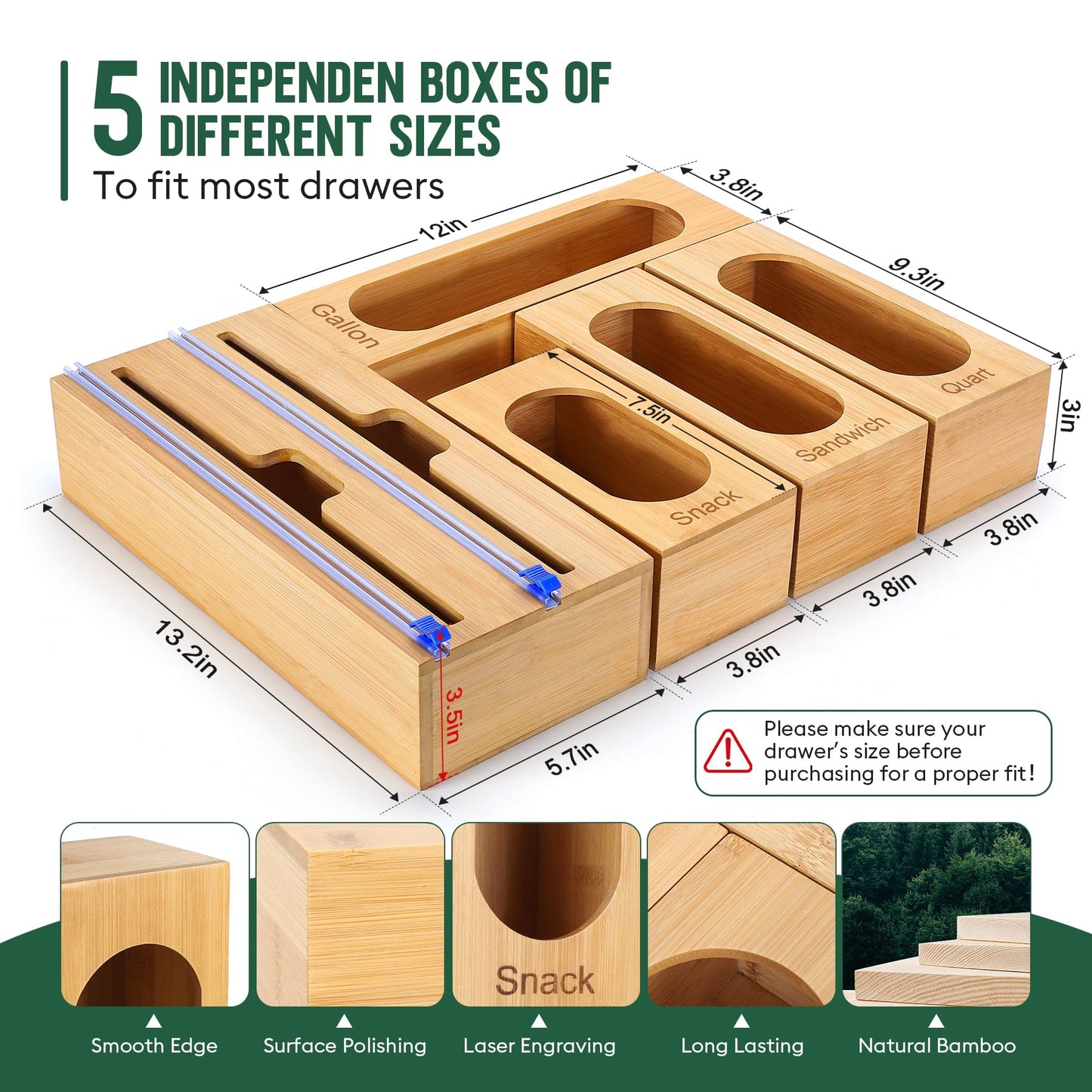 Gamtik Individual Storage Bag Organizer for Kitchen Drawer, Bamboo with Foil and Plastic Wrap Organizer for Kitchen Organizers and Storage…