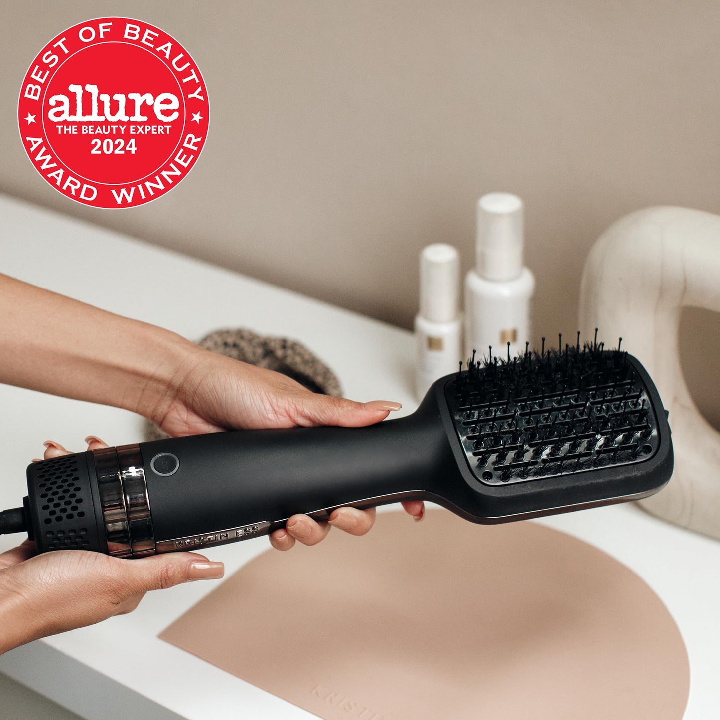 Kristin Ess Hair Volumizing Blow Dryer Brush - Blowout + Hair Straightening Brush - Ceramic + Ionic - Dry, Smooth + Volumize Hair - Flat Padel Base