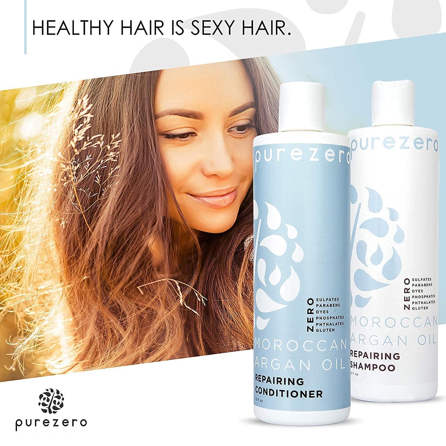 Purezero Moroccan Argan Oil Shampoo & Conditioner set - Repair Damaged Hair - Fight Dandruff & Frizz - Zero Sulfates, Parabens, Dyes, Gluten - Vegan