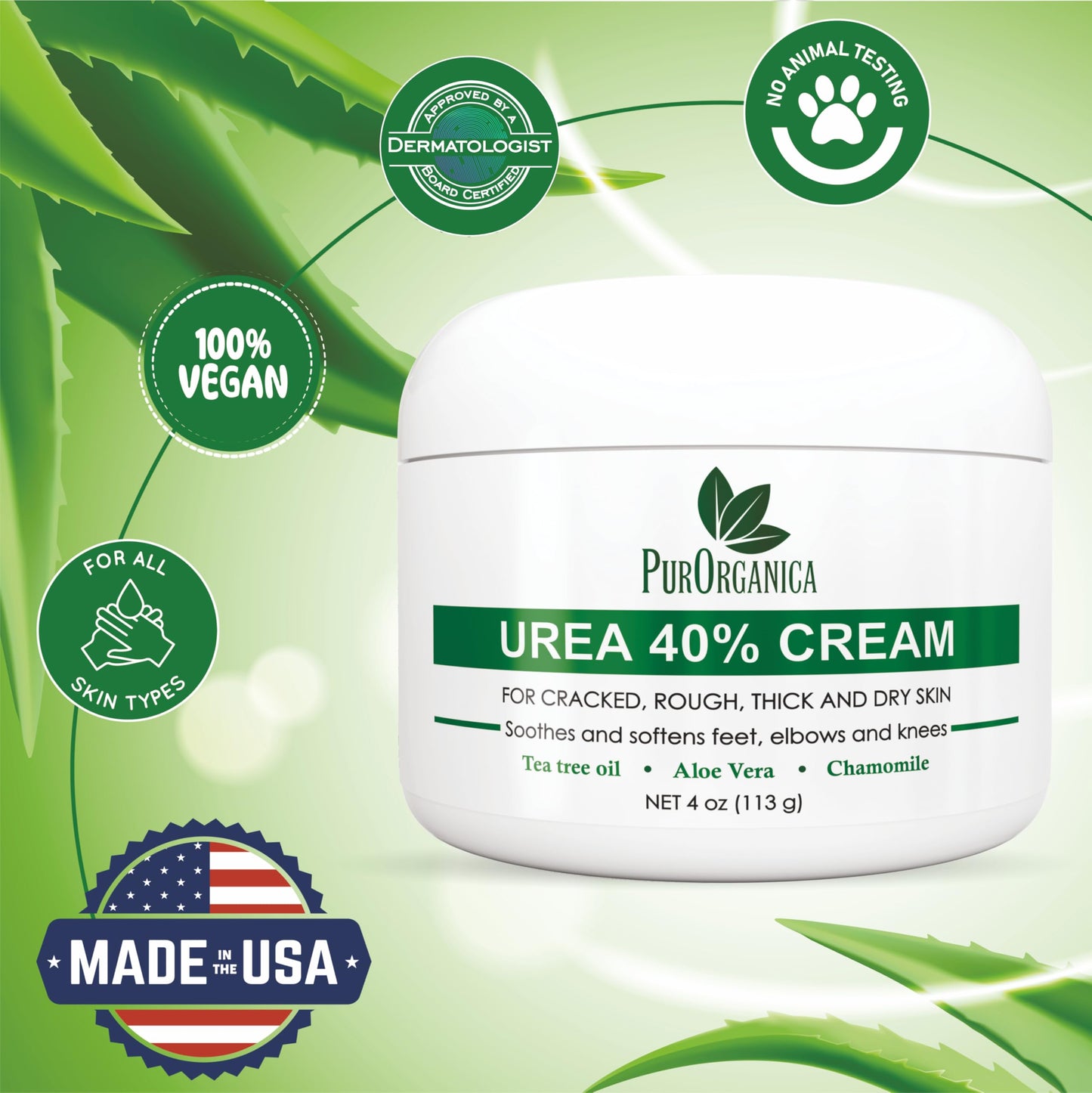 PurOrganica Urea 40% Foot Cream – Dermatologist Tested, Made in USA, Repairs Cracked Heels, Calluses & Corns, Exfoliating & Moisturizing