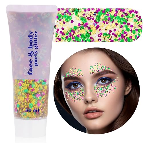 Mardi Gras Face Glitter,Festival Rave St Patricks Day Accessories Body Glitter for Face Body Hair,Gold Green Purple Mixed Chunky Glitter