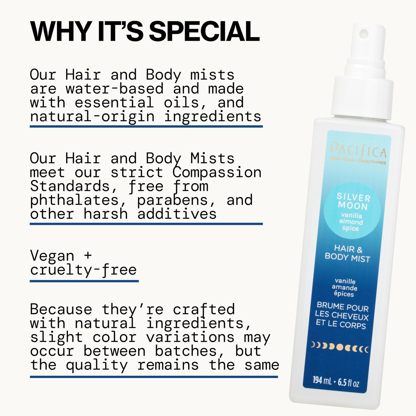 Pacifica Hair Perfume & Body Fragrance Spray Mist - Silver Moon with Vanilla, Almond & Spice - Alcohol-Free, Vegan & Cruelty-Free, 6.5 oz