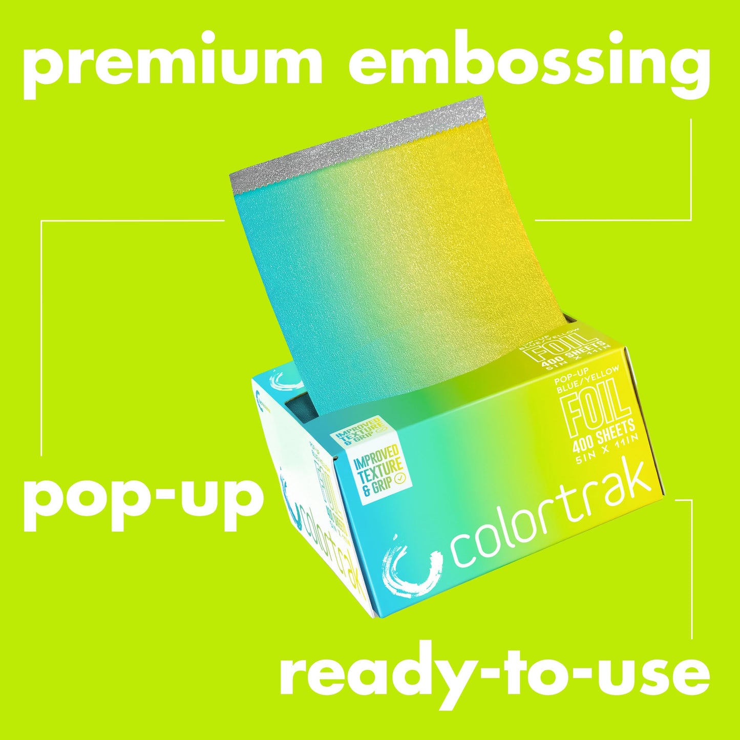Colortrak Blue/Yellow Gradient Pop-up Foil w/Dispenser (400 Count), Pre-cut Sheets, Non-Slip Embossed Texture, 5" x 10.75" Sheets for Hair Foil