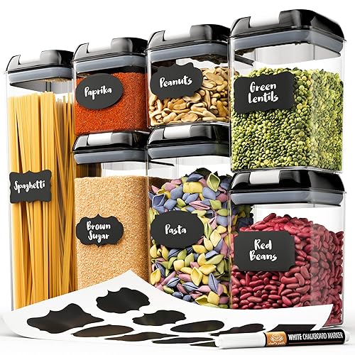 Chef's Path - Set of 7 Airtight Food Storage Containers for Kitchen Storage - Clear Plastic - Durable Strong Lids - Labels and Chalk Marker