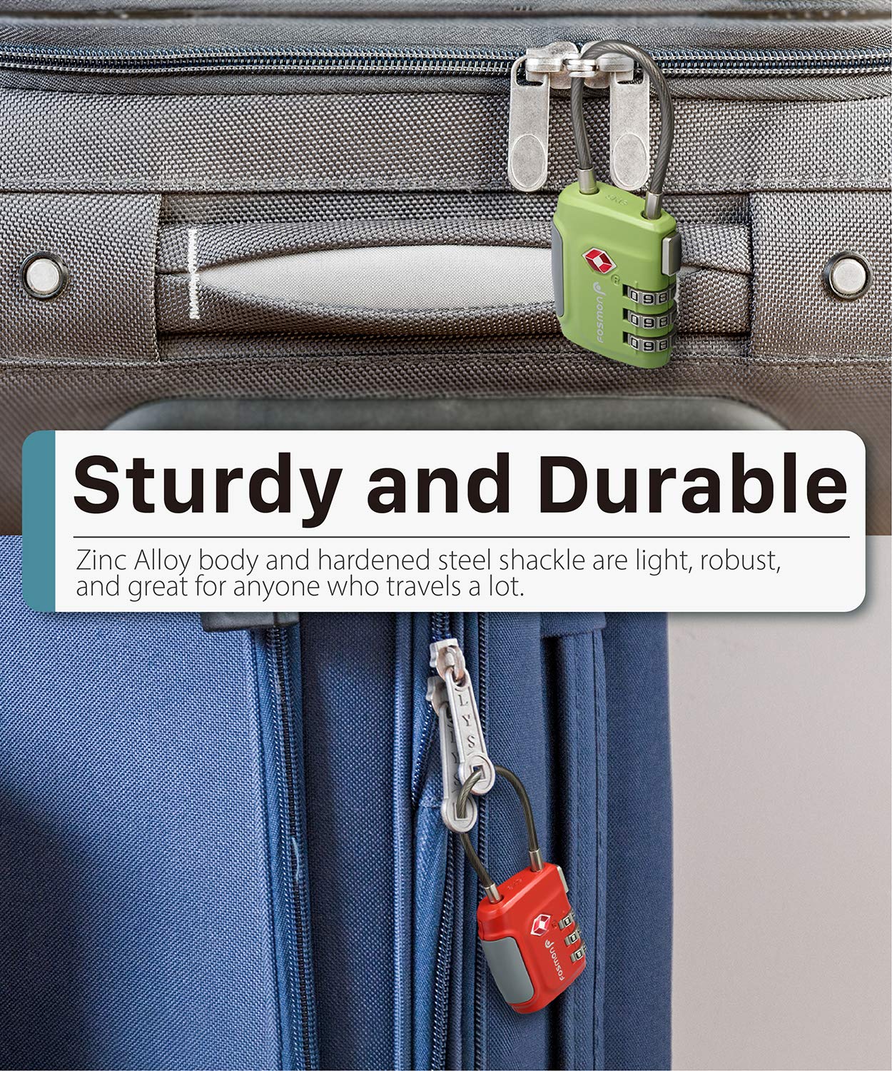 Fosmon TSA Approved Luggage Locks – 3 Digit Combination Cable Padlock with Long Shackle for Suitcases, Backpacks, Gym Lockers & Travel