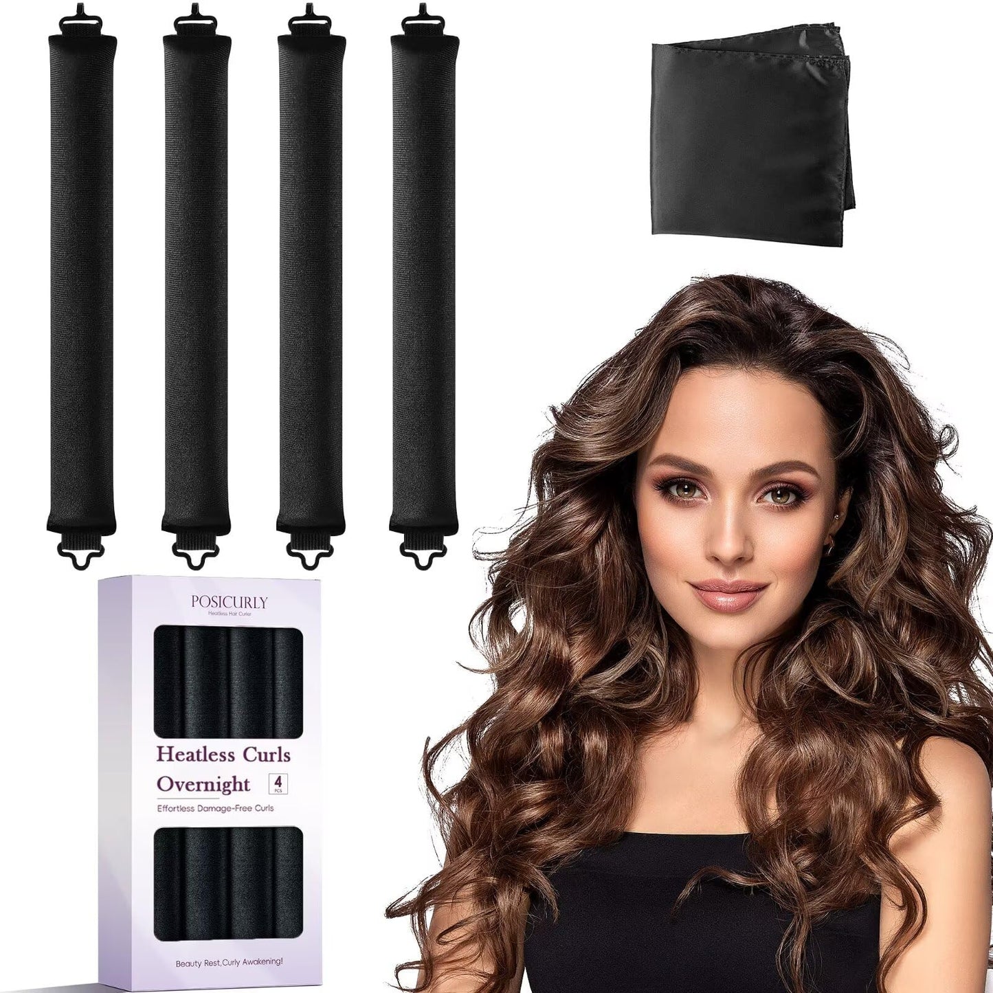 Heatless Curls Overnight Hair Curlers - 4 Pcs No-Heat Curling Rod to Sleep In,Velvet Hair Rollers with Satin Wrap Beauty and Personal Care posicurly