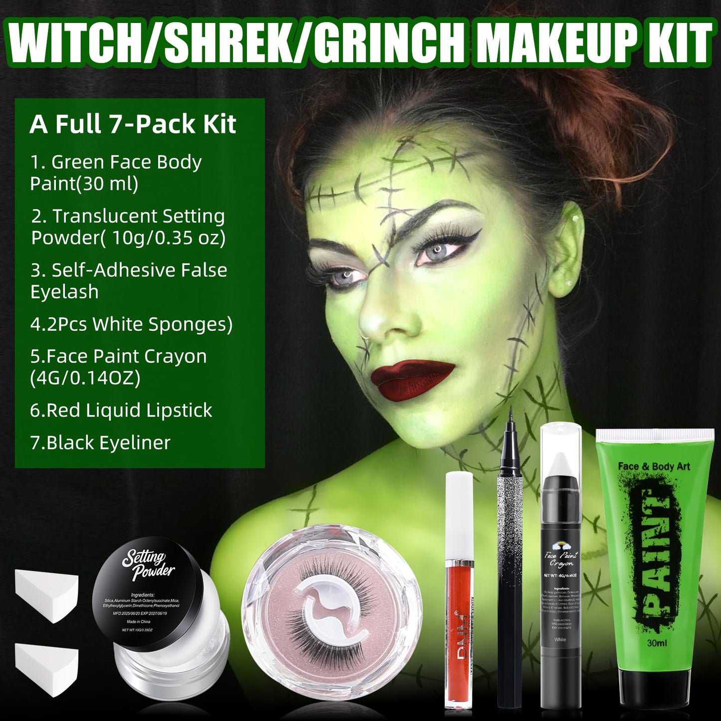Halloween Witch Makeup Set, Includes Green Face Body Paint, Black Eyeliner, False Eyelashes, Red Lipstick, Setting Powder, Sponge - SFX Face Painting