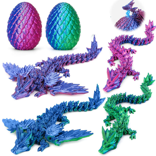 3D Printed Dragon Eggs with 4 Dragons Inside - Swappable Wing, Flexible Articulated Magnetic Dragons Animals Fidget Toy for Kids (Purple+Blue)