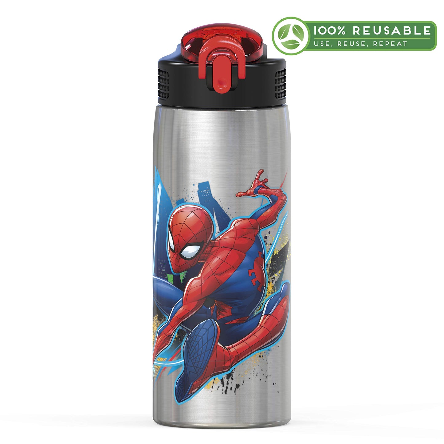 Zak Designs 27oz Marvel 18/8 Single Wall Stainless Steel Water Bottle with Flip-up Straw and Locking Spout Cover, Durable Cup for Sports or Travel
