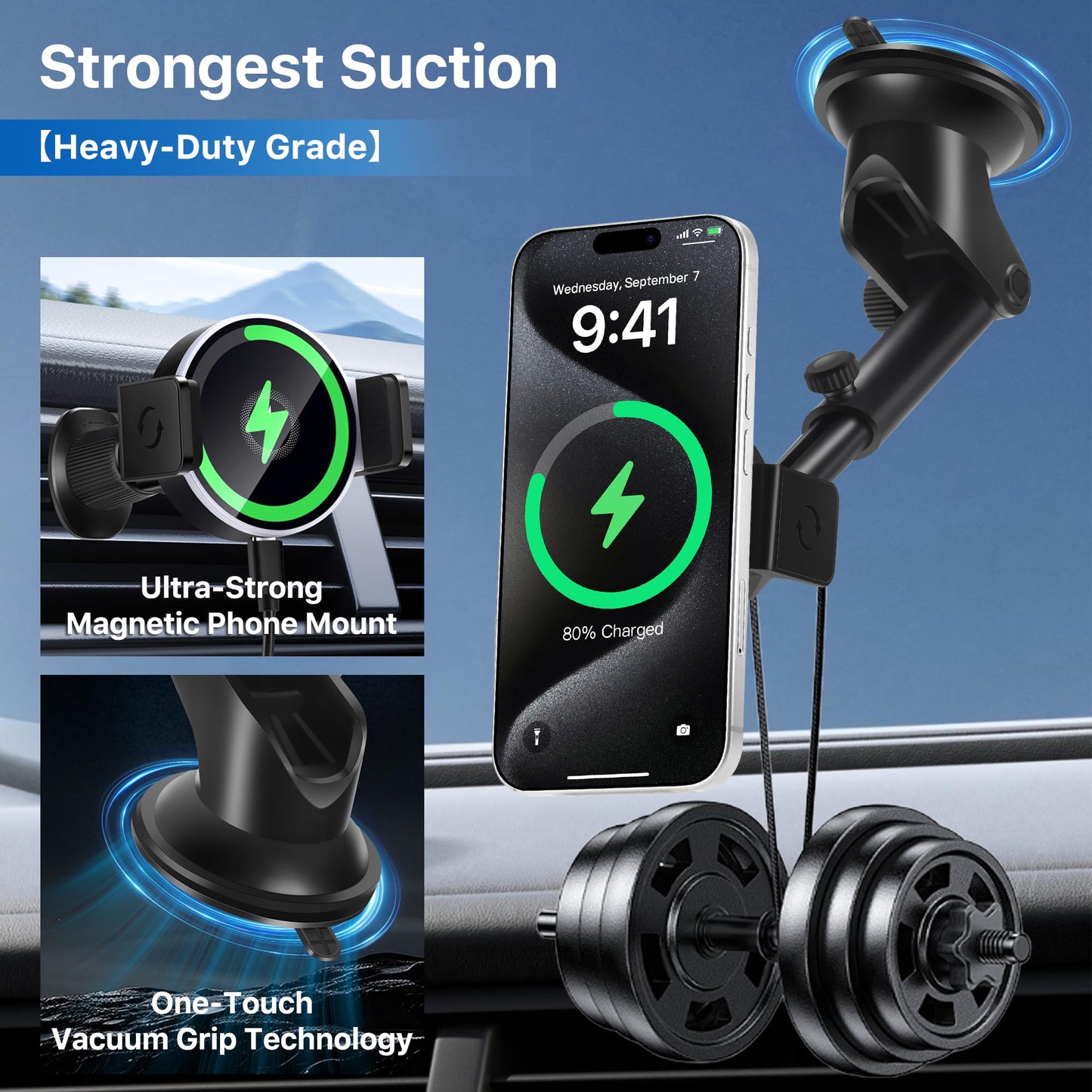 Wireless Car Charger, 15W Fast Car Mount Charger for iPhone 17/16/15/14/13/12/11/10/9/8 Series & Samsung, Auto-Clamping Magnetic Car Phone Holder…