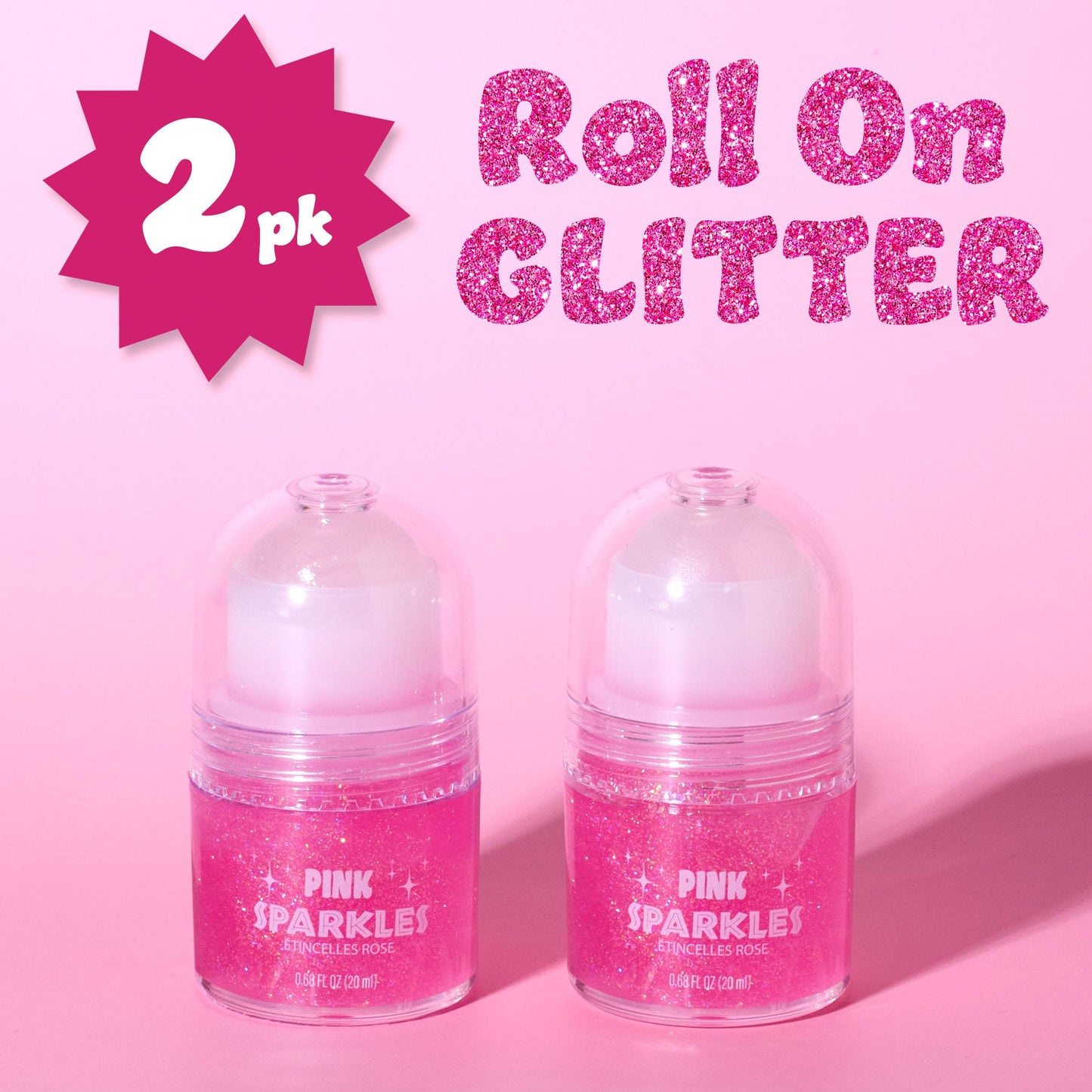 2pc Pink Sparkles Roll-On Glitter Set - Strawberry Scented Rollerball Body & Face Glitter Stick | Shimmer & Shine Makeup for Girls & Kids | Fun