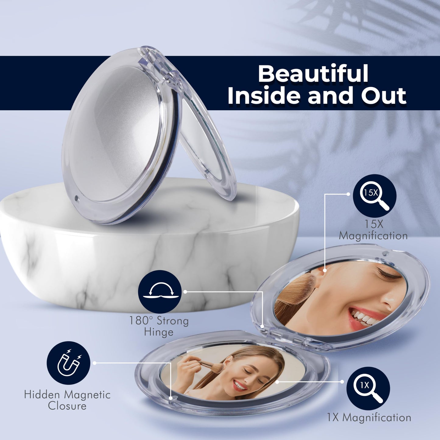 MIRRORVANA Small Compact 15X Magnifying Travel Makeup Mirror - Lightweight, Handheld, and Foldable Design - Mini Pocket-Sized Magnified Mirror