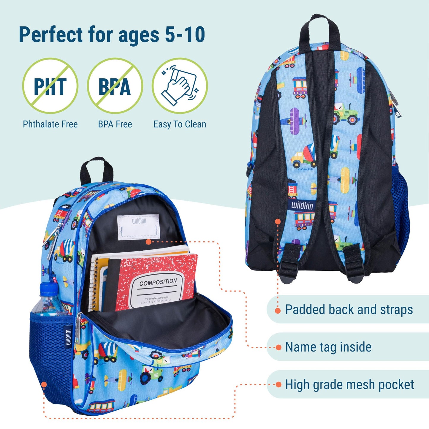 Wildkin 15-inch Kids Backpack - Durable, Padded, Adjustable for School & Travel - Trains, Planes, and Trucks