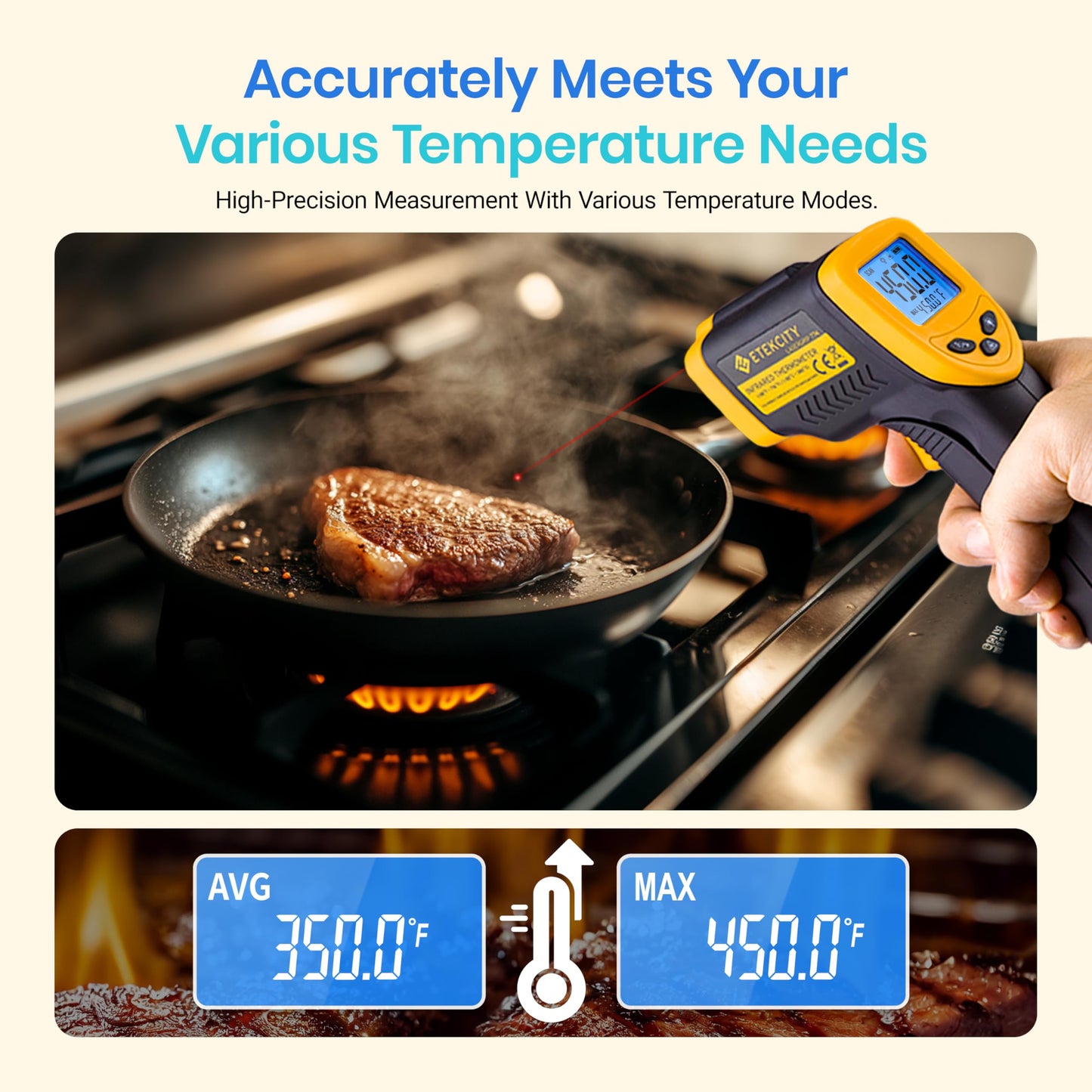 Etekcity Infrared Thermometer 774 โ Laser Temp Gun for Cooking, Meat, Candy, Oven, Griddle, Fridge, and Heat Tools, Yellow