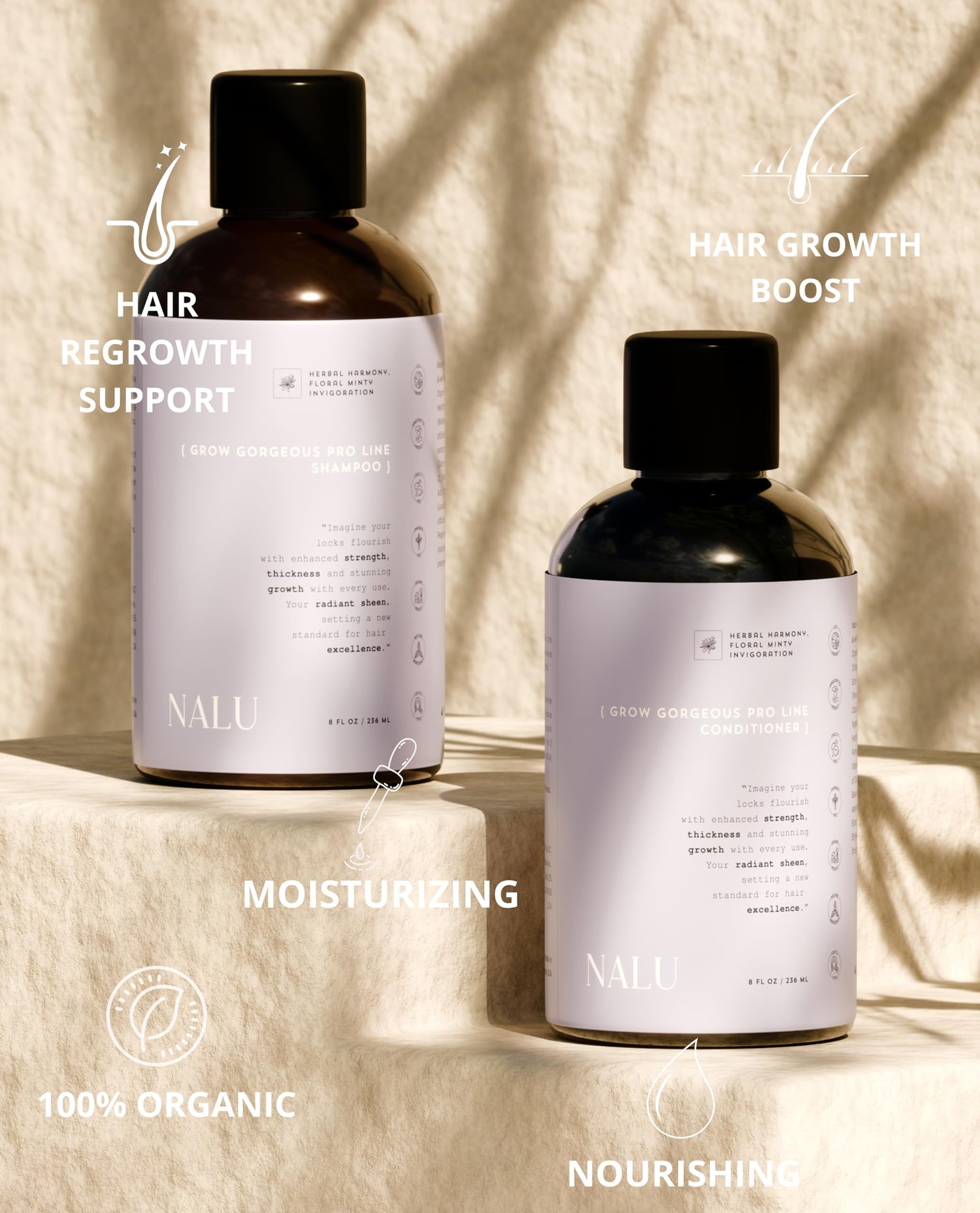 NALU Organic Grow Gorgeous Pro Line Hair Growth Activator Shampoo and Conditioner Set - Nourish, Strengthen & Promote Thicker, Fuller Hair. 8 Fl Oz