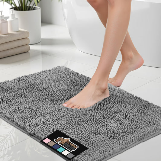 GORILLA GRIP Chenille Bath Rug Mat 24x17 – Soft, Absorbent, Quick-Dry, Rubber Back, Washable Bathroom Mat – Grey