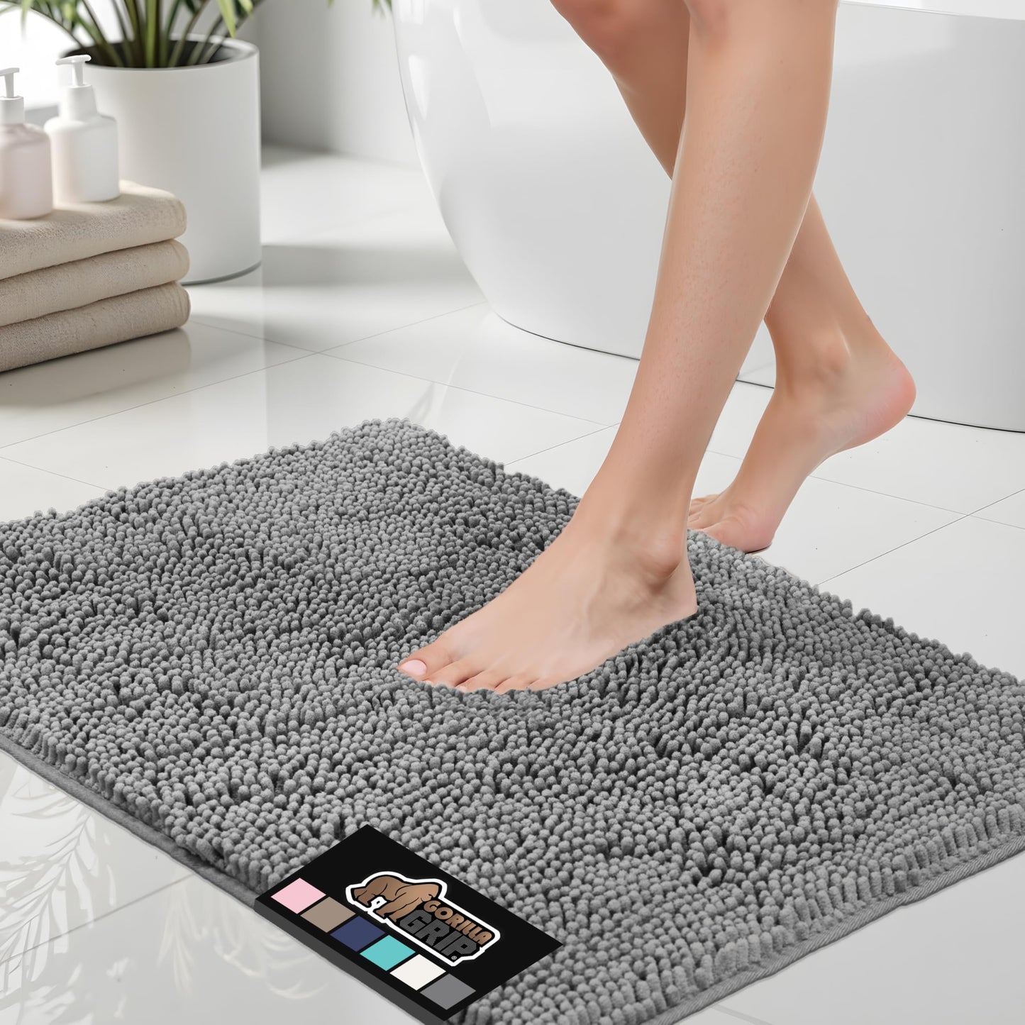 GORILLA GRIP Chenille Bath Rug Mat 24x17 – Soft, Absorbent, Quick-Dry, Rubber Back, Washable Bathroom Mat – Grey