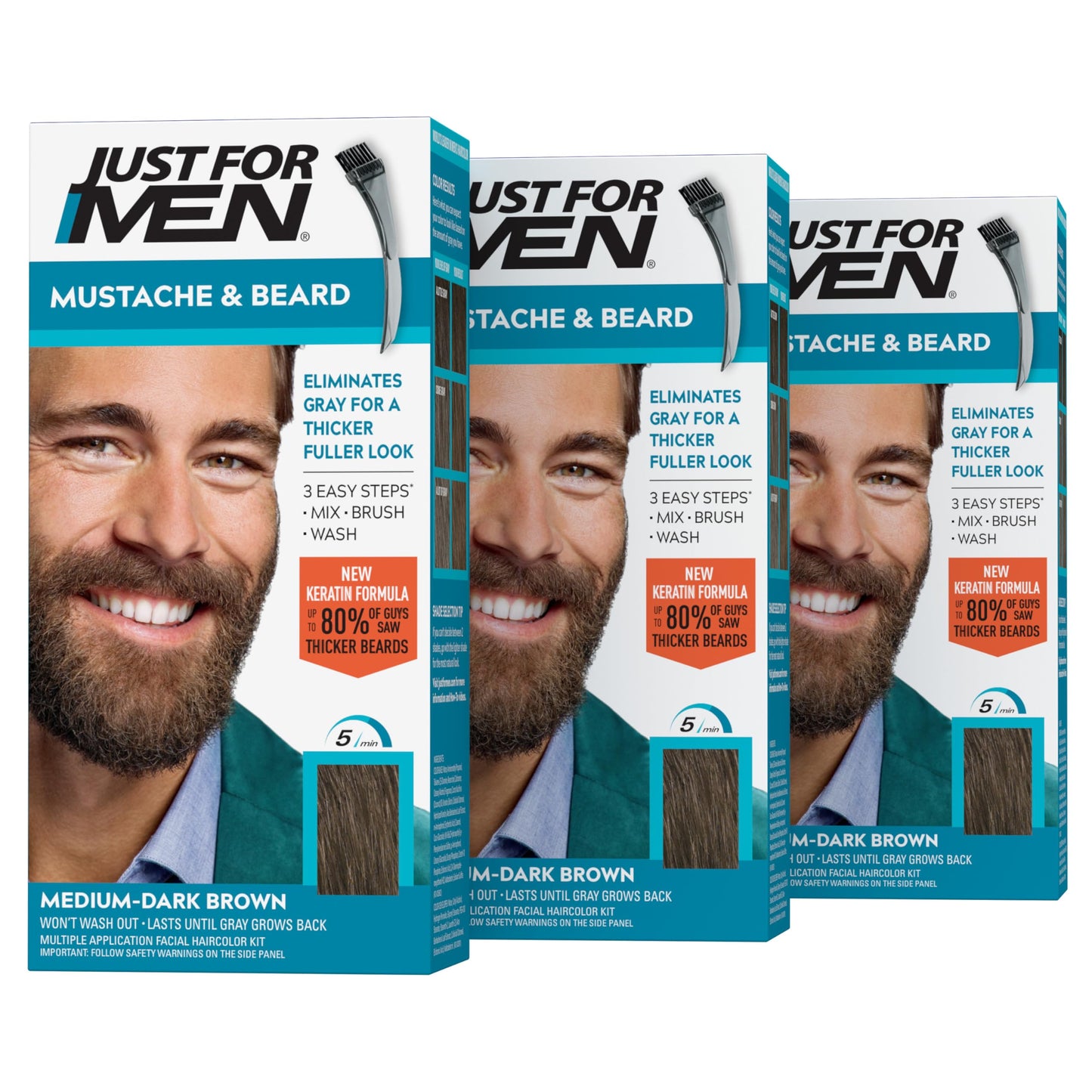 Just For Men Mustache & Beard, Beard Coloring for Gray Hair with Brush, With Keratin Biotin Aloe and Coconut Oil for Healthy Facial Hair - Medium-Dark