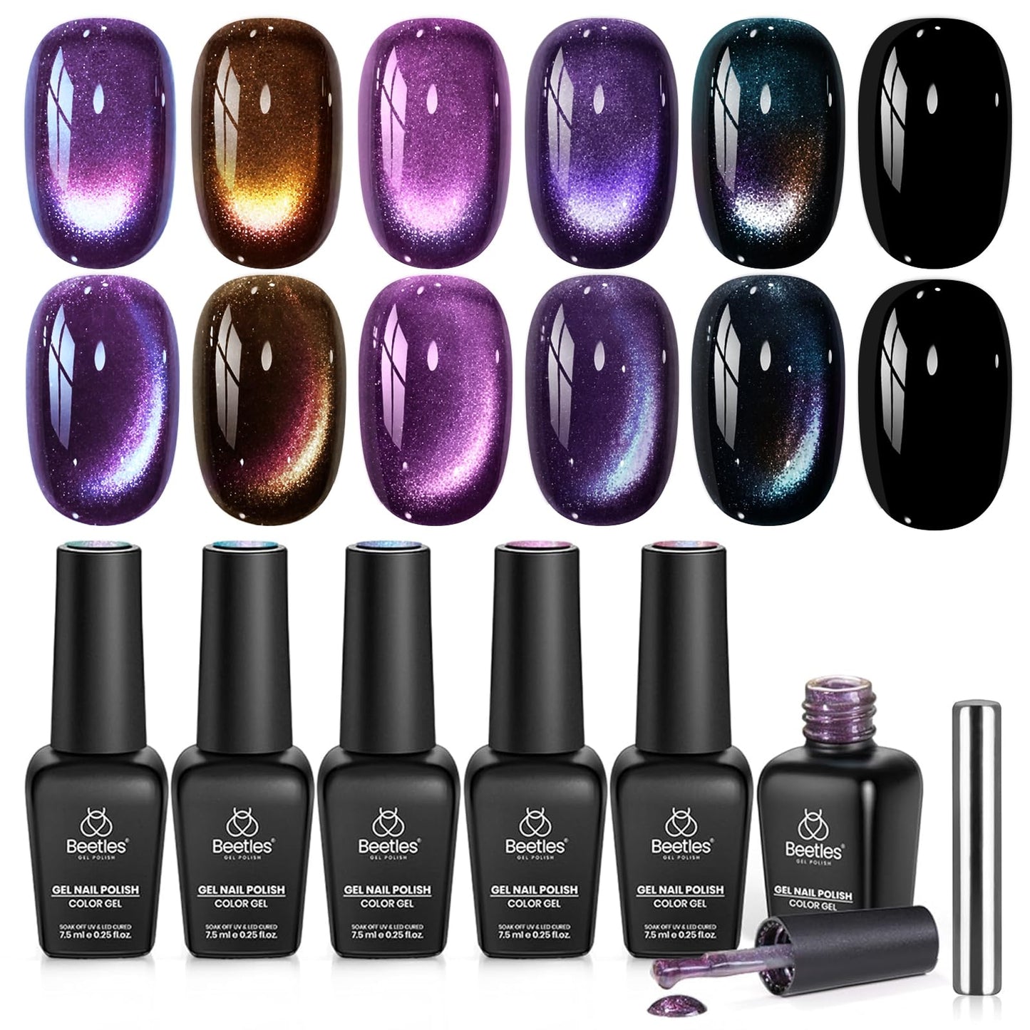 Beetles Cat Eye Gel Nail Polish Set - 6 Colors Chameleon Cat Eye Black Glitter Blue Pueple Gold Green Gel Polish with Magnet Soak Off UV Velvet Gel Beauty and Personal Care beetles Gel Polish Default Title