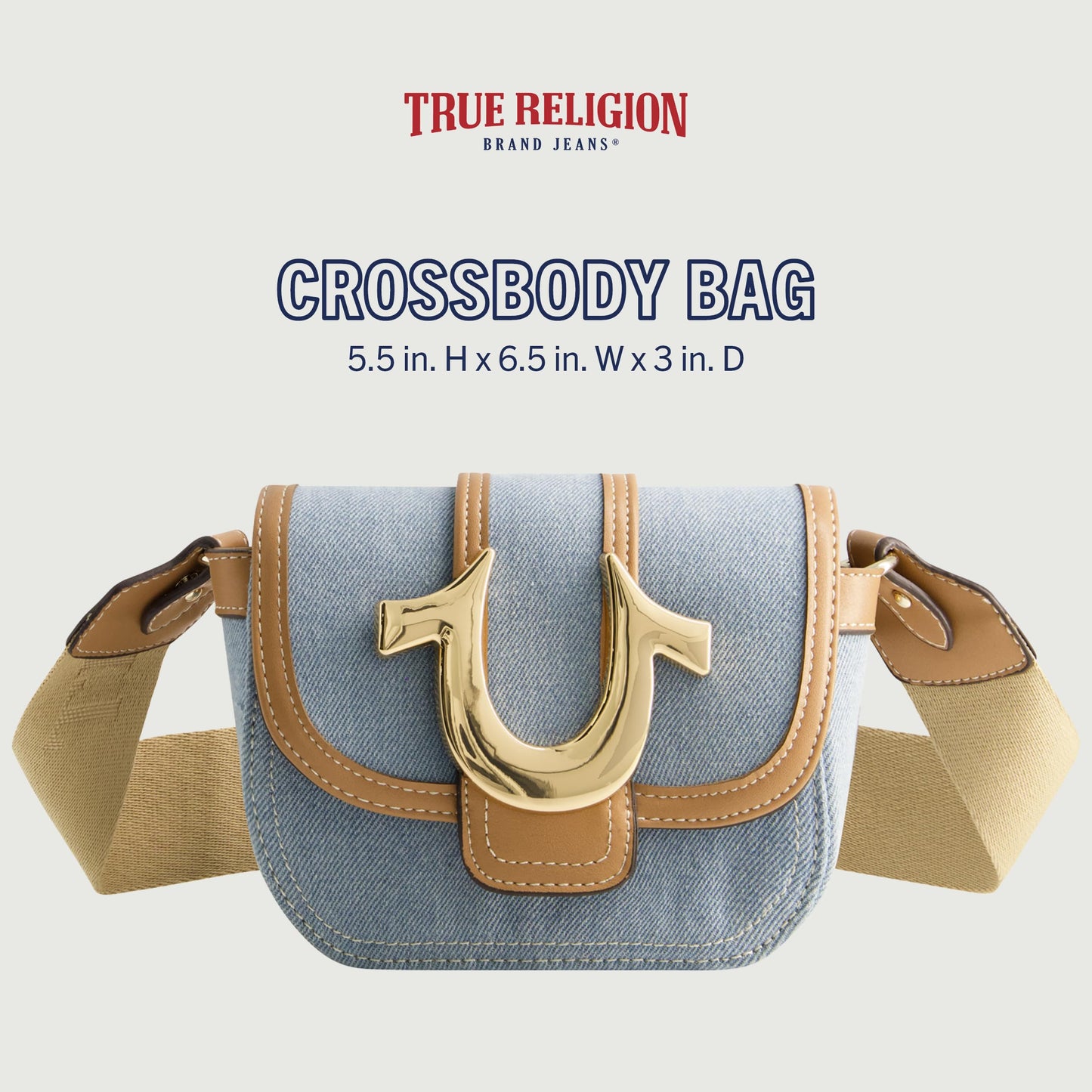 True Religion Women's Crossbody Bag, Denim Mini Flap Adjustable Shoulder Purse Handbag with Horseshoe Logo, Light Blue
